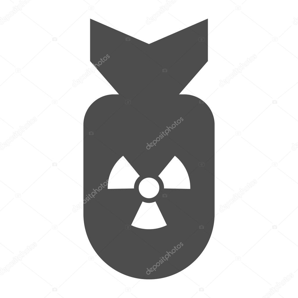 Atomic bomb solid icon. Air rocket with radiation or nuclear symbol, glyph style pictogram on white background. Military or warfare sign for mobile concept and web design. Vector graphics.