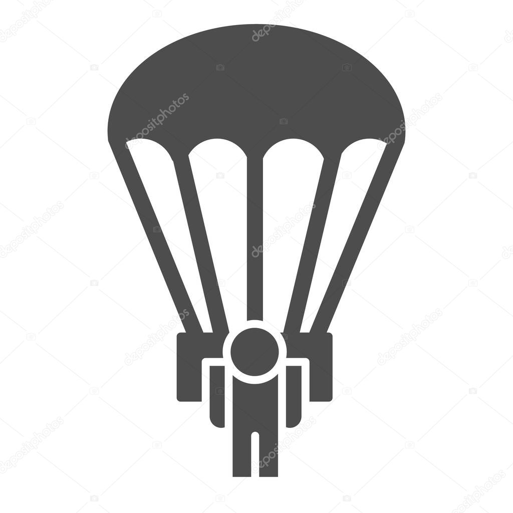 Army skydiver solid icon. Parachute jump, parachutist soldier symbol, glyph style pictogram on white background. Military or warfare sign for mobile concept and web design. Vector graphics.