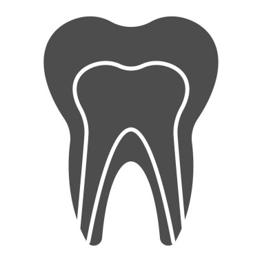 İnsan diş modeli katı bir ikon. Sağlıklı diş yapısı profil görünüm sembolü, beyaz arka planda glifli resim. Mobil konsept ve web tasarımı için dişçilik imzası. Vektör grafikleri.