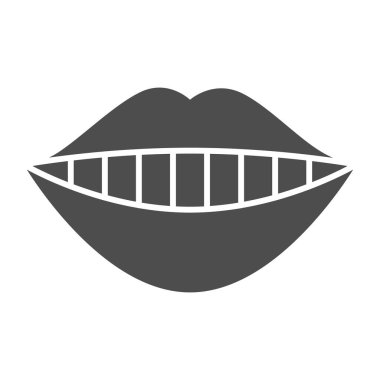 Gülümseyen ağız katı bir ikon. Dudaklar ve dişler, beyaz diş sembollü diş tebessümü, beyaz arka planda kabartma şekilli resim. Mobil konsept ve web tasarımı için dişçilik imzası. Vektör grafikleri.