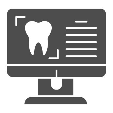 Hasta kartı sağlam bir ikon. Diş prosedürü, monitörde diş sembolü olan site, beyaz arka planda kabartma şekilli resim. Mobil konsept ve web tasarımı için dişçilik imzası. Vektör grafikleri.
