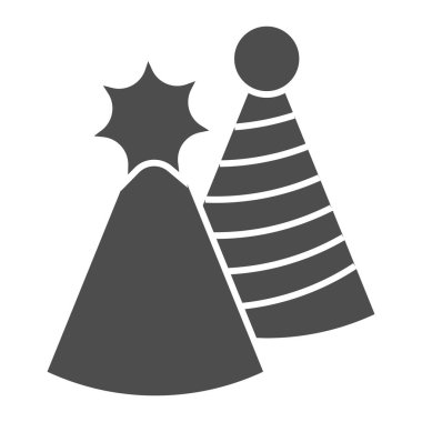 Şenlik şapkaları katı simgelerdir. Çizgili ve yıldızlı iki parti şapkası. Mutlu yıllar vektör tasarımı konsepti, beyaz arka planda glifli resim, web ve uygulama için kullan. Eps 10.