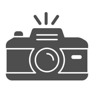 Kamera katı simgesi. Flaşlı profesyonel fotoğraf makinesi. Festive Event and Show vektör tasarımı konsepti, beyaz arka planda glyph tarzı pictogram, web ve uygulama için kullan. Eps 10.