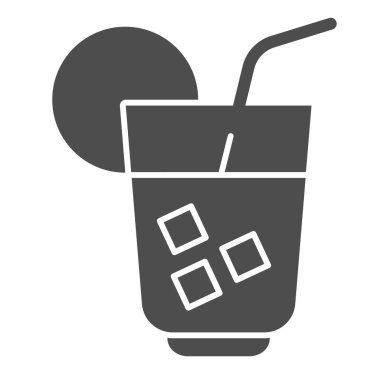 Soğutucu içecek katı bir ikon. Bir bardak kokteyl ya da buzlu meyve suyu, narenciye ve saman. Doğum günü partisi vektör tasarımı konsepti, beyaz arka planda glyph tarzı pictogram, web ve uygulama için kullan. Eps 10.