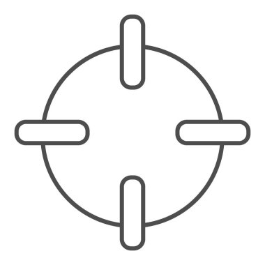 Hedef ince çizgi simgesi. Odaklanmayı hedefle, çapraz sembol, beyaz arkaplanda ana hatlı resim çizimi. Mobil konsept ve web tasarımı için savaş işareti. Vektör grafikleri.