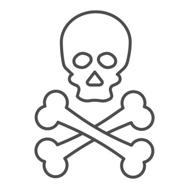 Jolly Roger ince çizgi ikonu. Ölüm uyarısı, kafatası ve çapraz kemik sembolü, beyaz arka planda ana hatlı resim. Mobil konsept ve web tasarımı için savaş ya da tehlike işareti. Vektör grafikleri.