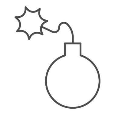 Yuvarlak bomba ince çizgi ikonu. Işıklı fünye sembollü dinamit, beyaz arkaplanda ana hatlı resim. Mobil konsept ve web tasarımı için savaş ya da askeri işaret. Vektör grafikleri.