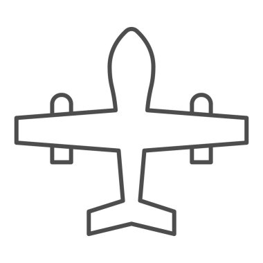 Askeri insansız hava aracı, ince çizgi ikonu. Savaş uçağı, avcı uçağı keşif uçağı sembolü, beyaz arka planda ana hatlı resim. Mobil konsept ve web tasarımı için savaş işareti. Vektör grafikleri.