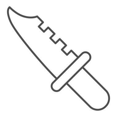 Ordu bıçağı ince çizgi ikonu. Bıçak hançeri, av silahı sembolü, beyaz arka planda resim çizimi. Mobil konsept ve web tasarımı için askeri ya da savaş işareti. Vektör grafikleri.