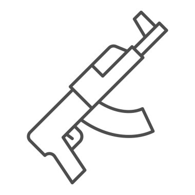 Kalaşnikov saldırı tüfeği ince çizgi ikonu. Ateşli silah makineli silah sembolü, beyaz arka planda ana hatlı resim. Mobil konsept ve web tasarımı için askeri ya da savaş işareti. Vektör grafikleri.