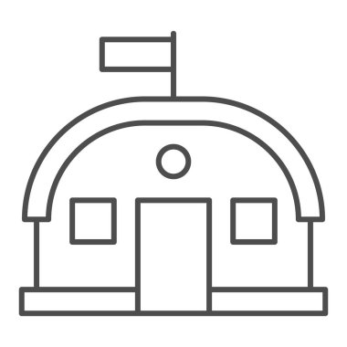 Kışla ince çizgi ikonu. Askeri kamp çadırı, asker kamp sembolü, beyaz arka planda ana hatlı resim. Mobil konsept ve web tasarımı için askeri ya da savaş işareti. Vektör grafikleri.