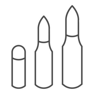 Kurşunlar ince çizgi ikonu. Silah mermisi kartuşu, silah mermisi mühimmatı sembolü, beyaz arka planda ana hatlı resim. Mobil konsept ve web tasarımı için askeri işaret. Vektör grafikleri.