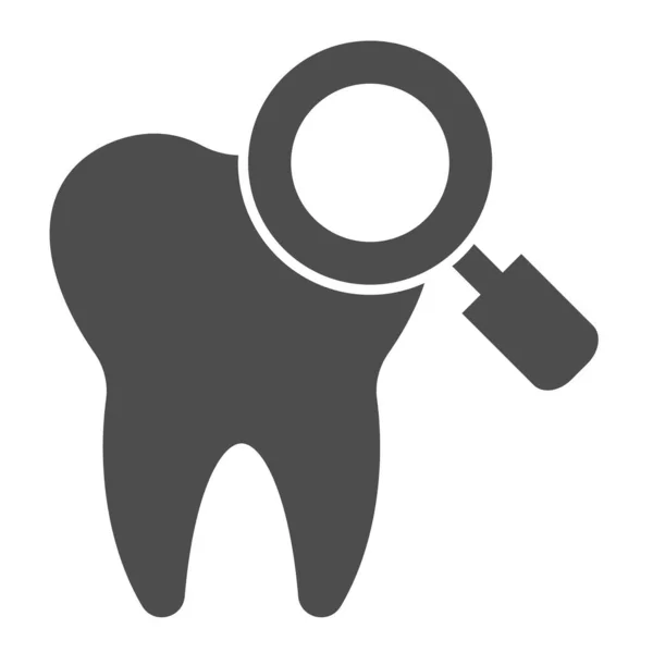 치아의 단단 한 아이콘을 확인하는 거야. 진단 또는 검사, 치아 및 돋보기 기호, 흰 배경에 대한 글 리프 스타일 피토 그램. 모바일 컨셉 또는 웹 디자인을 위한 치과 기호. 벡터 그래픽. — 스톡 벡터