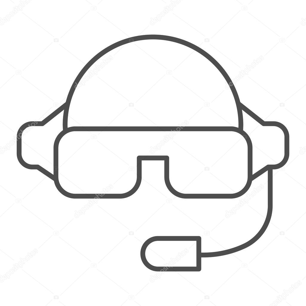 Pilot helmet thin line icon. Aviator jet mask with glasses and microphone symbol, outline style pictogram on white background. Warfare sign for mobile concept and web design. Vector graphics.