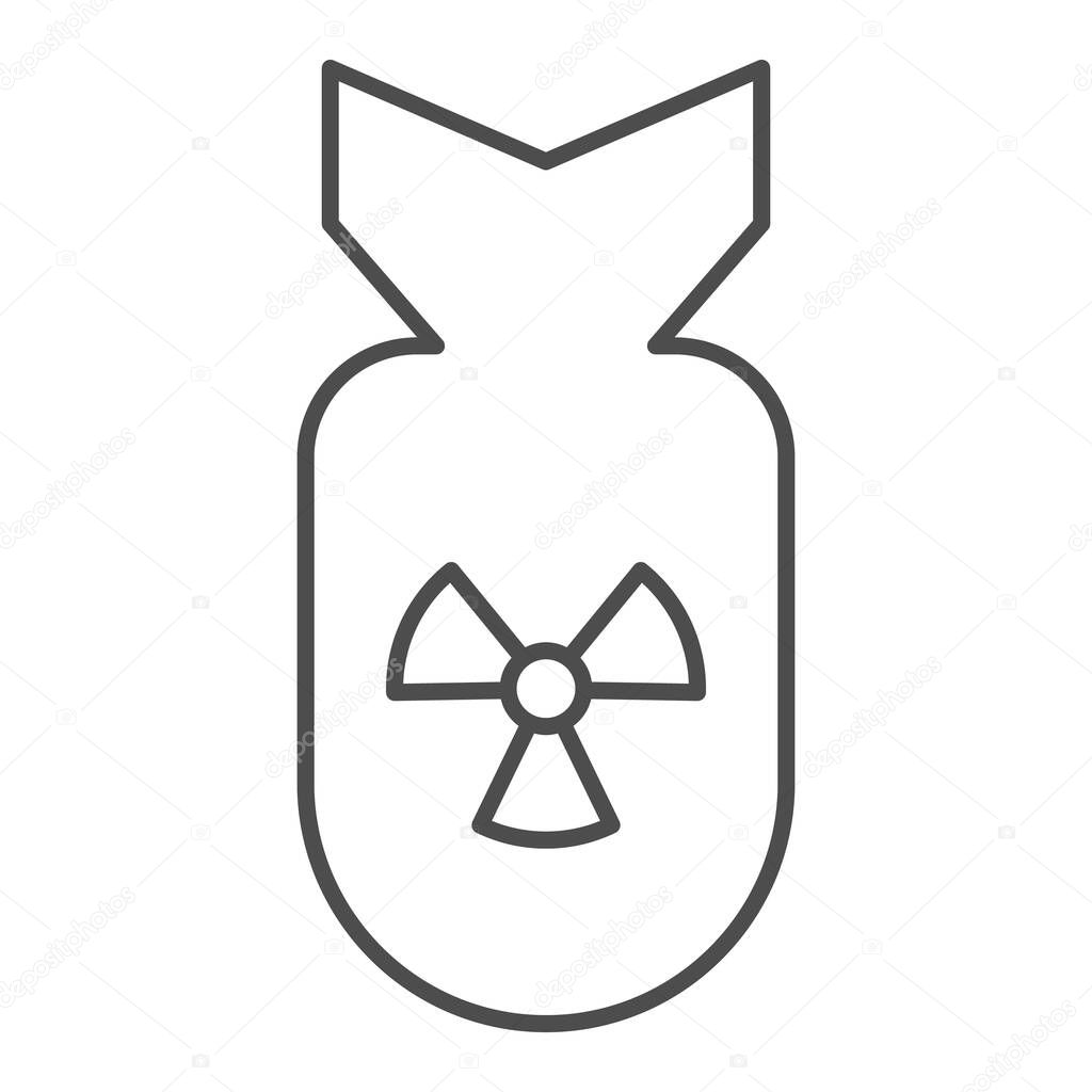 Atomic bomb thin line icon. Air rocket with radiation or nuclear symbol, outline style pictogram on white background. Military or warfare sign for mobile concept and web design. Vector graphics.