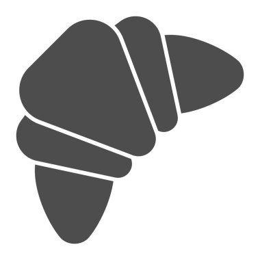 Kruvasan katı bir ikon. Geleneksel kahvaltı, tatlı dolgu sembollü badem çöreği, beyaz arka planda kabartma şekilli resim. Mobil konsept ve web tasarımı için fırın tabelası. Vektör grafikleri.