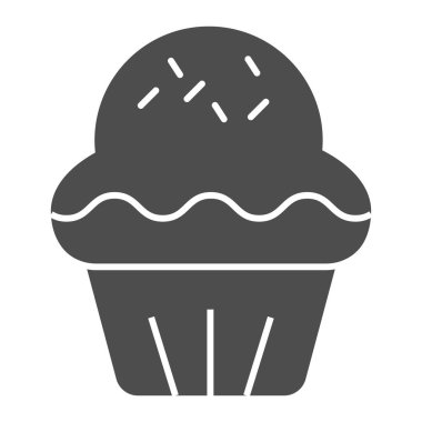 Kek katı bir ikon. Pastalı tatlı, lezzetli tatlı kek sembolü, beyaz arka planda kabartma şekilli resim. Mobil konsept ve web tasarımı için pastane tabelası. Vektör grafikleri.