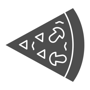 Mantarlı pizza dilimi katı bir ikon. Bir parça çörek, mantar sembollü yemek bölümü, beyaz arkaplanda kabartma şekilli resim. Mobil konsept ve web tasarımı için fırın tabelası. Vektör grafikleri.