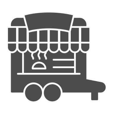 Tekerlekli oyalama simgesi. Tekerlek pazarı, yemek vagonu ya da sokak büfesi sembolü, beyaz arka planda kabartma şekilli resim. Mobil konsept ve web tasarımı için pastane tabelası. Vektör grafikleri.