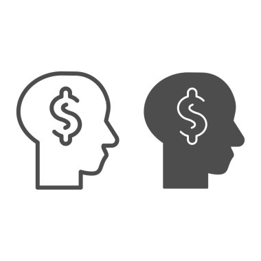 Erkek kafasında dolar ve sağlam bir ikon. İş hakkında düşünceler, zihin sembolü planlama, beyaz arka planda ana hatlı resim. Mobil konsept ve web tasarımı için para işareti. Vektör grafikleri.