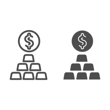 Altın külçeleri, dolar çizgileri ve sağlam bir ikon. Piramit şeklinde altı külçe altın ve sikke sembolü, beyaz arka planda ana hatlı resim. Mobil konsept ve web tasarımı için para işareti. Vektör grafikleri.