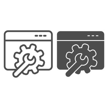 Vitesi, ingiliz anahtarı ve simgesi olan bir pencere. Web uygulama kontrol ayarları sembolü, beyaz arkaplanda taslak biçiminde pictogram. Mobil konsept ve web tasarımı için tarayıcı işareti. Vektör grafikleri.