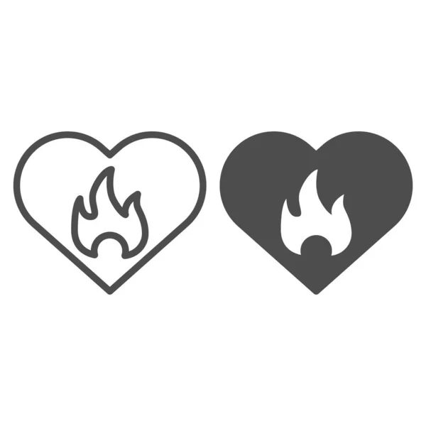 Horké milující srdce a plamen čára a pevná ikona. Abstraktní tvar srdce se symbolem ohně, obrys piktogram na bílém pozadí. Vztah znamení pro mobilní koncept a nebo design. Vektorová grafika. — Stockový vektor