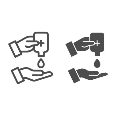 El dezenfekte hattı ve sağlam bir ikon. Antibakteriyel jel sembolü ile sterilize et, beyaz arka planda ana hatlı resim. El dezenfektanı, taşınabilir konsept ve web tasarımı için işaret yayıyor..