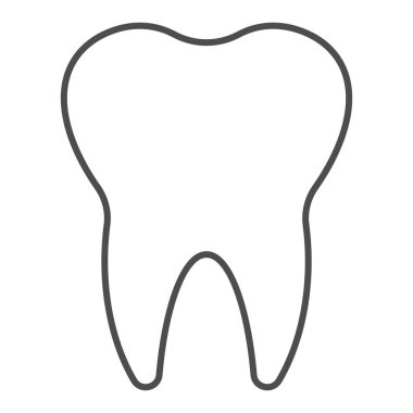 Kök ince çizgi ikonu ile temiz tek diş. Diş bakım sembolü, beyaz arka planda ana hatlı resim. Mobil konsept ve web tasarımı için dişçilik imzası. Vektör grafikleri.
