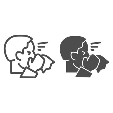 Burnu akan, peçete tutan ve simgesi olan bir adam. Hasta insan hapşırma sembolü, beyaz arka planda ana hatlı resim. Coronavirus semptomları mobil konsept ve web tasarımını işaret eder. Vektör grafikleri.