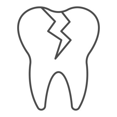 Kırık dişli ince çizgi ikonu. Enfeksiyonu etkiler, diş problemi sembolü, beyaz arka planda ana hatlı resim. Mobil konsept ya da web tasarımı için dişçilik imzası. Vektör grafikleri.