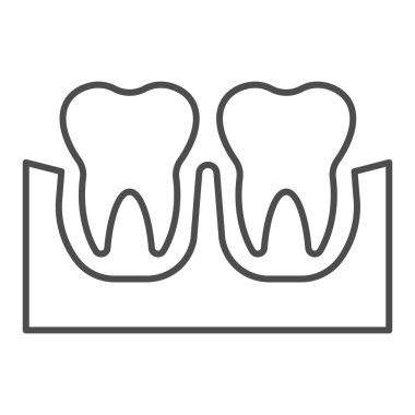 Diş etleri ince çizgi ikonunda. İki büyüyen diş, güzel sağlıklı diş sembolü, beyaz arka planda ana hatlı resim. Mobil konsept ve web tasarımı için dişçilik imzası. Vektör grafikleri.
