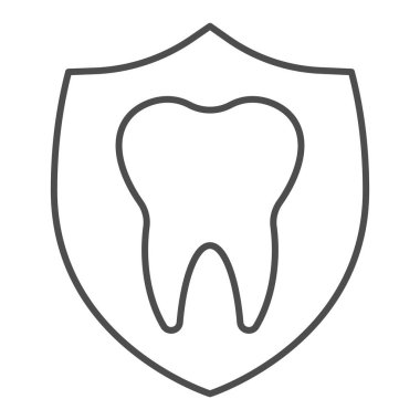 Diş amblemi ince çizgi simgesi. Koruma, sağlıklı diş sembollü kalkan, beyaz arka planda ana hatlı resim. Mobil konsept ve web tasarımı için dişçilik imzası. Vektör grafikleri.