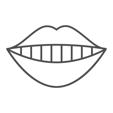 Gülümseyen ağız ince çizgi ikonu. Dudaklar ve dişler, beyaz diş sembollü diş tebessümü, beyaz arka planda ana hatlı resim. Mobil konsept ve web tasarımı için dişçilik imzası. Vektör grafikleri.