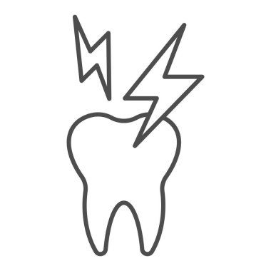 Aşırı hassas dişler, ince çizgi ikonu. Hasta diş ve şimşek sembolü, beyaz arka planda ana hatlı resim. Mobil konsept ve web tasarımı için dişçilik imzası. Vektör grafikleri.