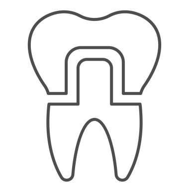 Diş tacının ince çizgi simgesi. Protez ya da implant diş tedavisi sembolü, beyaz arka planda ana hatlı resim. Mobil konsept ve web tasarımı için dişçilik imzası. Vektör grafikleri.