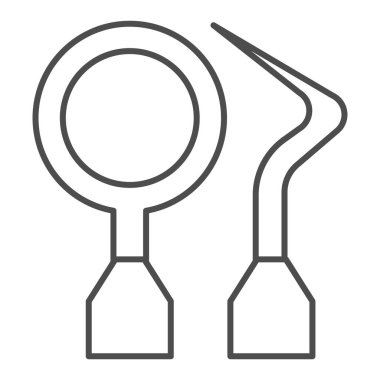 Diş aletleri ince çizgi simgesi. Dişçi aletleri, kule ve ayna sembolü, beyaz arkaplanda ana hatlı resim çizimi. Mobil konsept ve web tasarımı için dişçilik imzası. Vektör grafikleri.