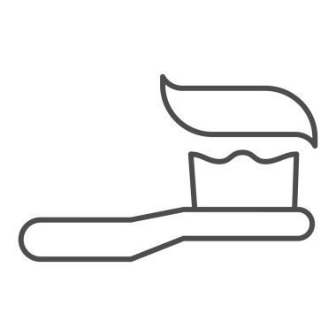 Diş fırçası ve diş macunu ince çizgi ikonu. Evde diş temizliği, ağız temizliği sembolü, beyaz arka planda resim çizimi. Mobil konsept ya da web tasarımı için dişçilik imzası. Vektör grafikleri.