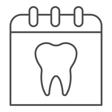 Diş ince çizgi ikonlu takvim sayfası. Teşhis slaytı, randevu günü sembolü, beyaz arka planda ana hatlı resim. Mobil konsept ve web tasarımı için dişçilik imzası. Vektör grafikleri.