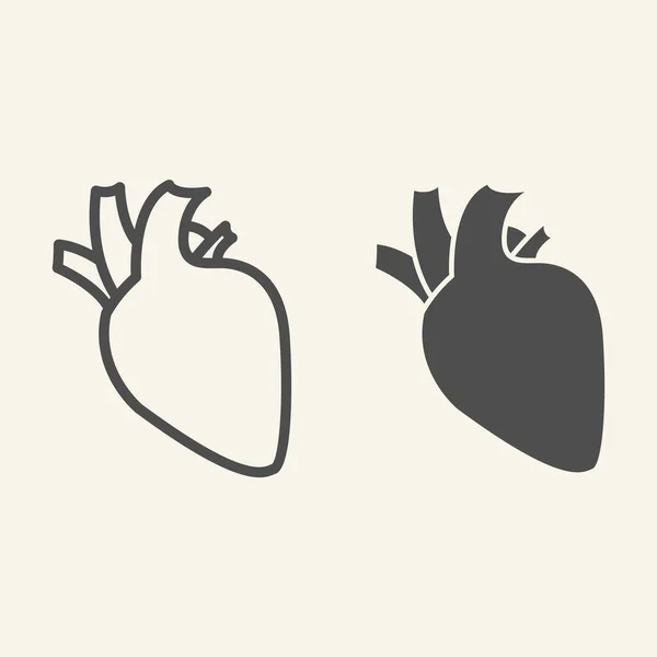 Línea de órgano del corazón e icono sólido. Corazón humano con aorta y arterias delinean pictograma estilo sobre fondo blanco. Señales médicas de salud para el concepto móvil y el diseño web. Gráficos vectoriales . — Vector de stock