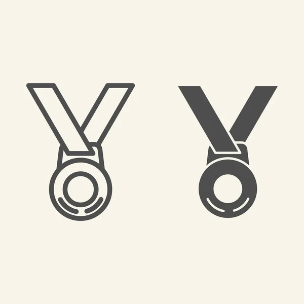 Γραμμή βραβείων και συμπαγής εικόνα. Αθλητισμός νικητής μετάλλιο περίγραμμα στυλ εικονόγραμμα σε μπεζ φόντο. Πρωταθλητής μετάλλιο για την έννοια του κινητού και web design. Διανυσματικά γραφικά. — Διανυσματικό Αρχείο