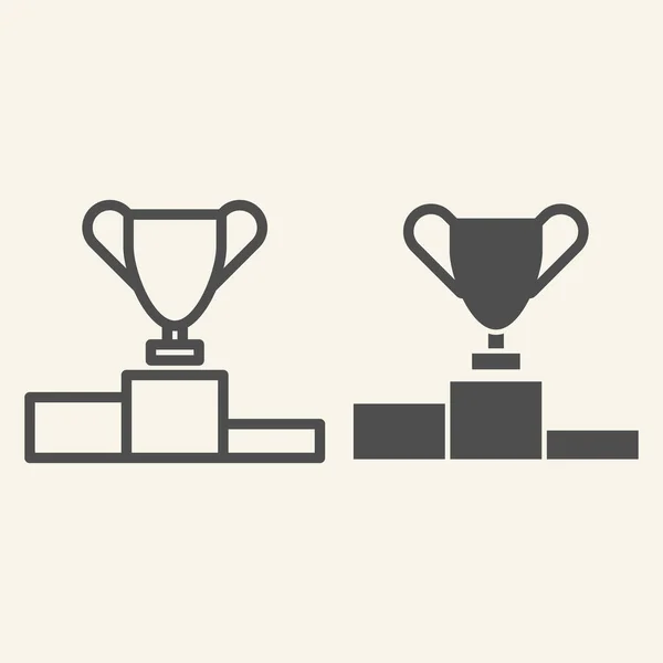 Trofeo Copa en la línea de podio premio e icono sólido. Campeones o ganadores copa pedestal contorno pictograma estilo sobre fondo beige. Primer premio por concepto móvil y diseño web. Gráficos vectoriales . — Archivo Imágenes Vectoriales