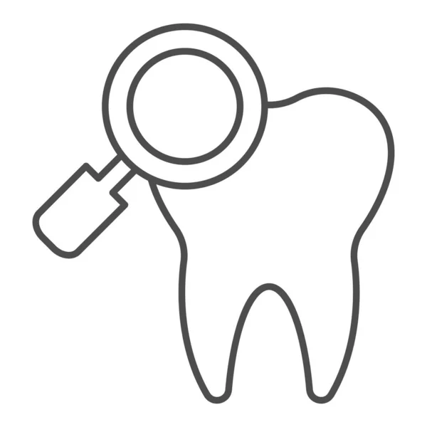 Überprüfen Zähne dünne Linie Symbol. Diagnose oder Untersuchung, Zahn- und Lupensymbol, Umrisspiktogramm auf weißem Hintergrund. Zahnmedizin Zeichen für mobiles Konzept oder Web-Design. Vektorgrafik. — Stockvektor