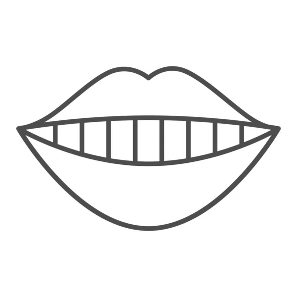 Bocca sorridente icona linea sottile. Labbra e denti, sorriso dentale con simbolo del dente bianco, pittogramma in stile contorno su sfondo bianco. Segno di odontoiatria per mobile concept e web design. Grafica vettoriale . — Vettoriale Stock