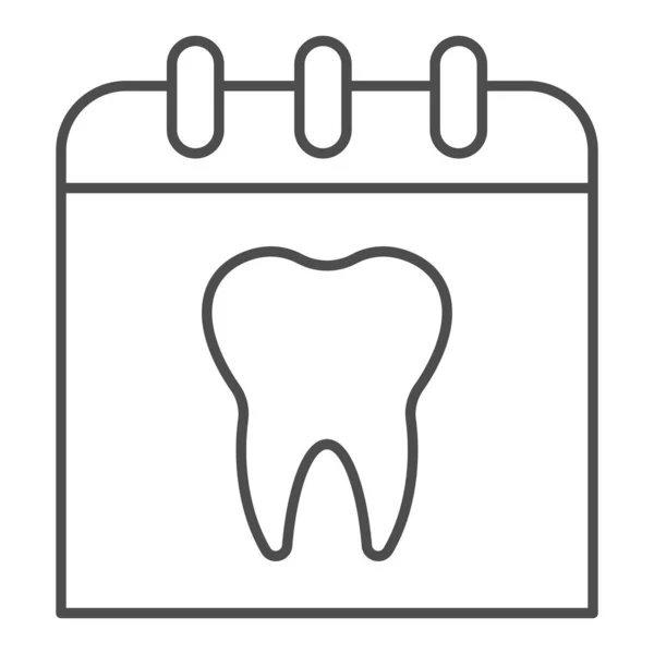 Página de calendario con icono de línea delgada del diente. Diapositiva de los diagnósticos, símbolo del día de la cita, pictograma del estilo del contorno en fondo blanco. Signo de odontología para concepto móvil y diseño web. Gráficos vectoriales . — Archivo Imágenes Vectoriales