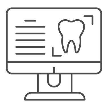 Hasta kartı ince çizgi ikonu. Diş prosedürü, monitörde diş sembolü olan site, beyaz arka planda ana hatlı resim. Mobil konsept ve web tasarımı için dişçilik imzası. Vektör grafikleri.