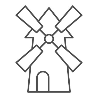 İnce çizgi ikonu. Eski çiftlik ya da köy yel değirmeni sembolü, beyaz arka planda ana hatlı resim. Mobil konsept ve web tasarımı için tarım tabelası. Vektör grafikleri.