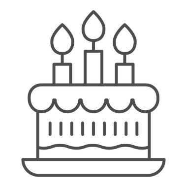 Doğum günü partisi pasta çizgisi ikonu. Tatlı tatlı sembolü, beyaz arka planda ana hatlı resim. Mobil konsept ve web tasarımı için pastane tabelası. Vektör grafikleri.