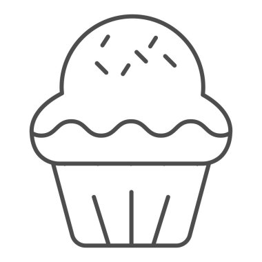 Cupcake ince çizgi ikonu. Pastalı tatlı, lezzetli tatlı kek sembolü, beyaz arka planda ana hatlı resim. Mobil konsept ve web tasarımı için pastane tabelası. Vektör grafikleri.
