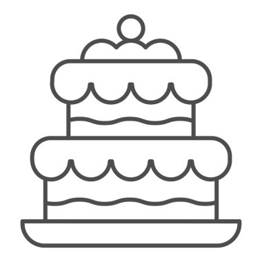 Kek ince çizgi simgesi. Doğum günü partisi ya da düğün tatlı tatlı sembolü, beyaz arka planda ana hatlı resim. Mobil konsept ve web tasarımı için pastane tabelası. Vektör grafikleri.